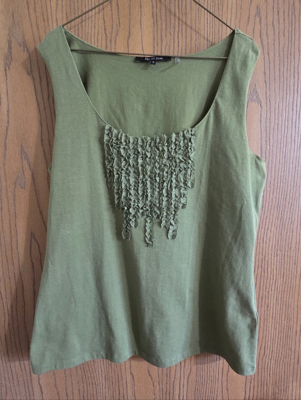 NIC + ZOE Tank Top Size Small Olive Green Ruffle-Front